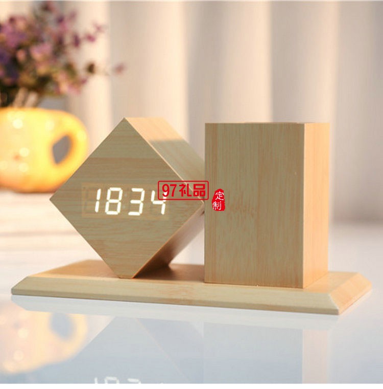 聲控鬧鐘LED木鐘創(chuàng)意筆筒時(shí)尚禮品中國銀行定制可定制logo