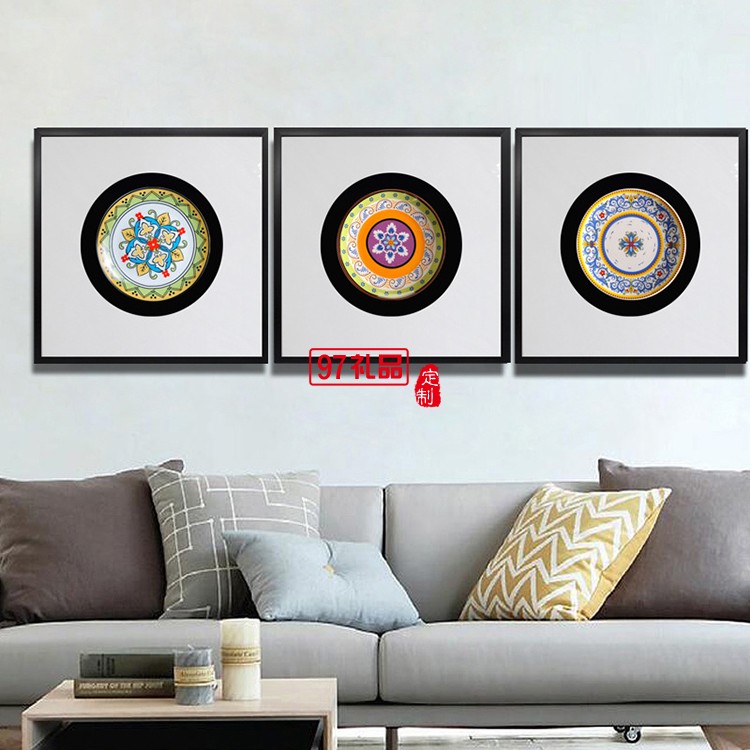 立體實(shí)物陶瓷盤(pán)軟裝樣板房有框掛畫(huà)