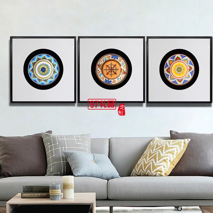 立體實(shí)物陶瓷盤(pán)軟裝樣板房有框掛畫(huà)