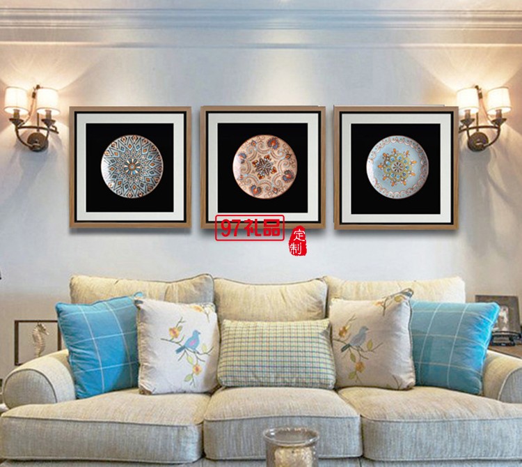 立體實(shí)物陶瓷盤(pán)軟裝樣板房有框掛畫(huà)