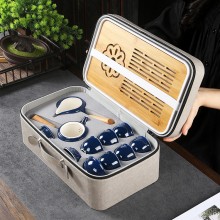 霽藍雙側(cè)把壺旅行茶具套裝茶盤便攜家用茶壺戶外辦公陶瓷
